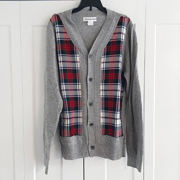 * MENS * Comme des Garcons Shirt Plaid Panel Cardigan, Size Medium - Picture 5 of 9